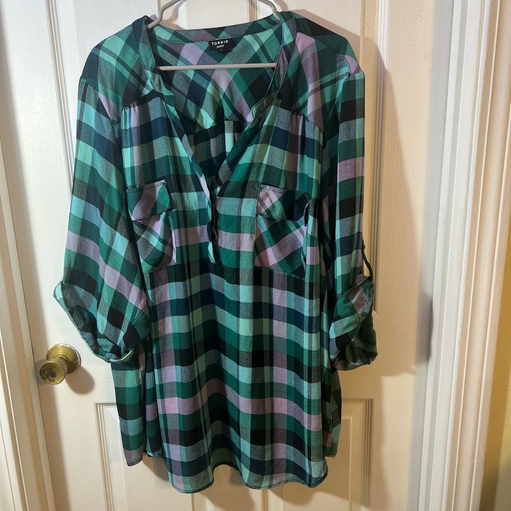 Torrid Green Plaid Harper Georgette 3/4 Sleeve Top Size 5 - Picture 6 of 10